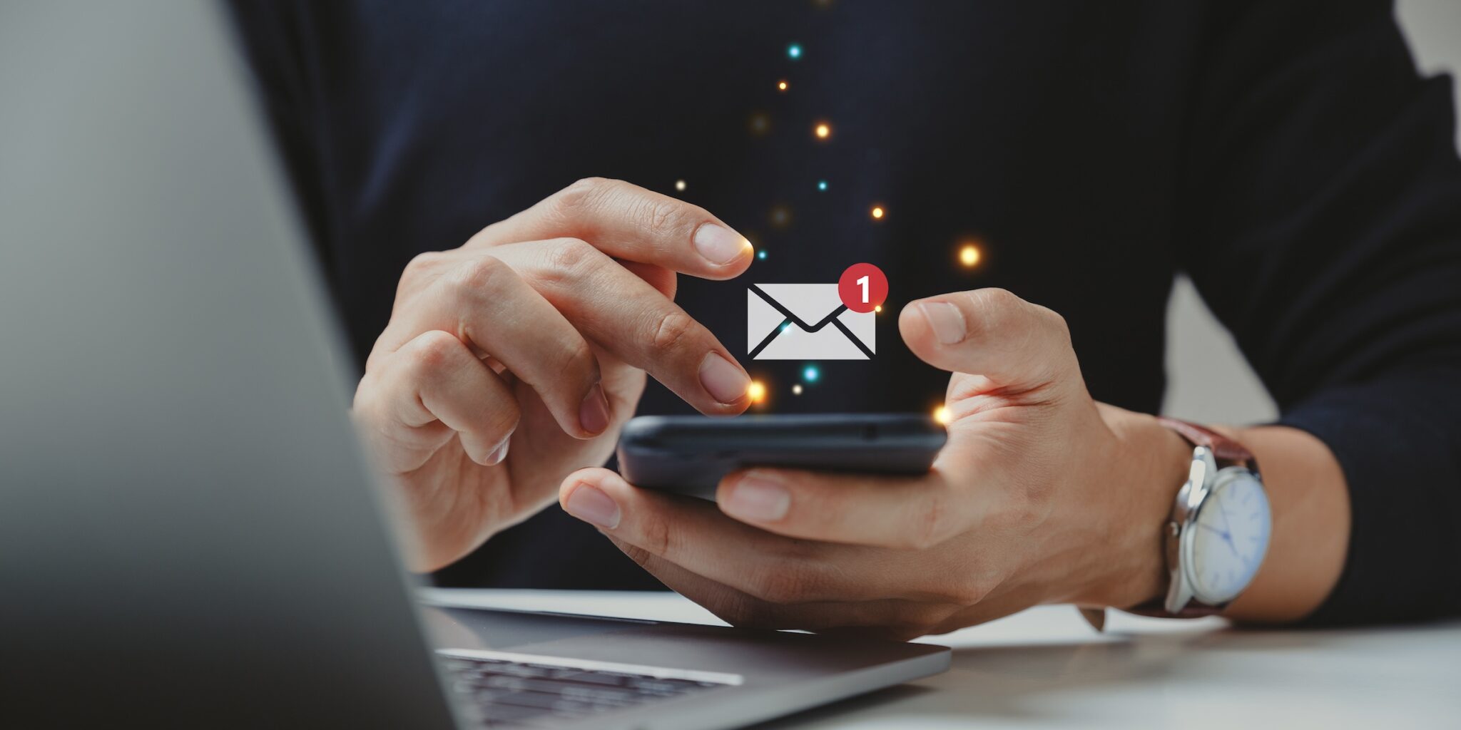 Hand of businessman using smartphone for email with notification alert, Online communication concept.