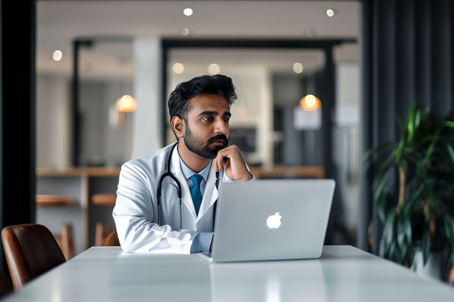 professional-sits-behind-laptop-contemplating-rotations-before-medical-residency