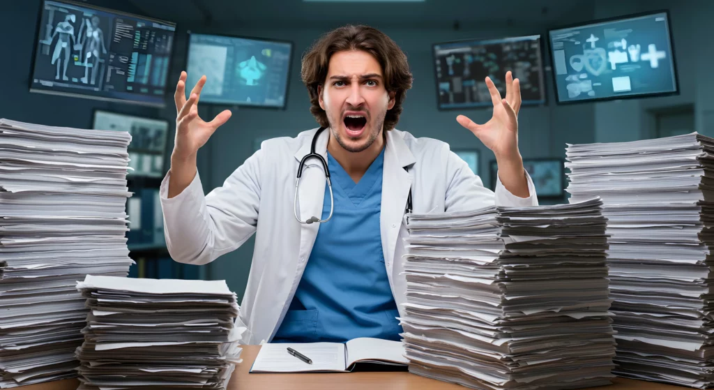 very upset and stressed doctor yelling angry and screaming