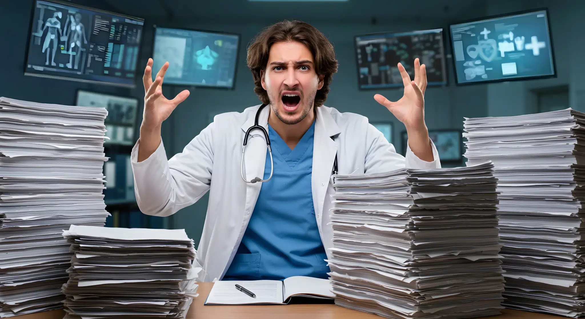 very upset and stressed doctor yelling angry and screaming